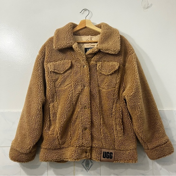Ugg Women’s Frankie Sherpa Trucker Jacket Chestnut Size Large Minimalist Casual - Picture 1 of 13